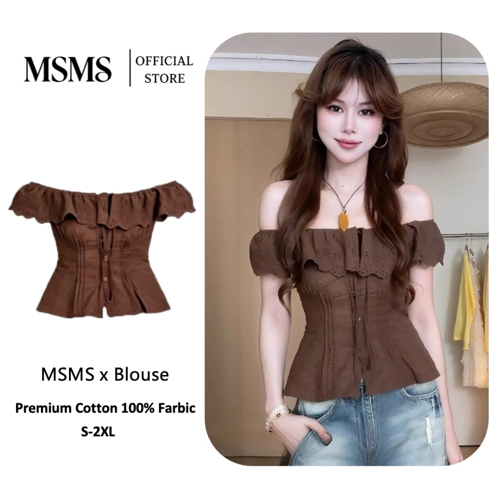 Eyelet Ruffle Blouse เสื้อเบลาส์ลูกไม้เจาะรูสีน้ำตาลผู้หญิง แขนปีกฟริลล์คอผูกโบว์ เอวย่นรัดทรงสัดส่วนดี สไตล์วินเทจคันทรี Size S-2XL