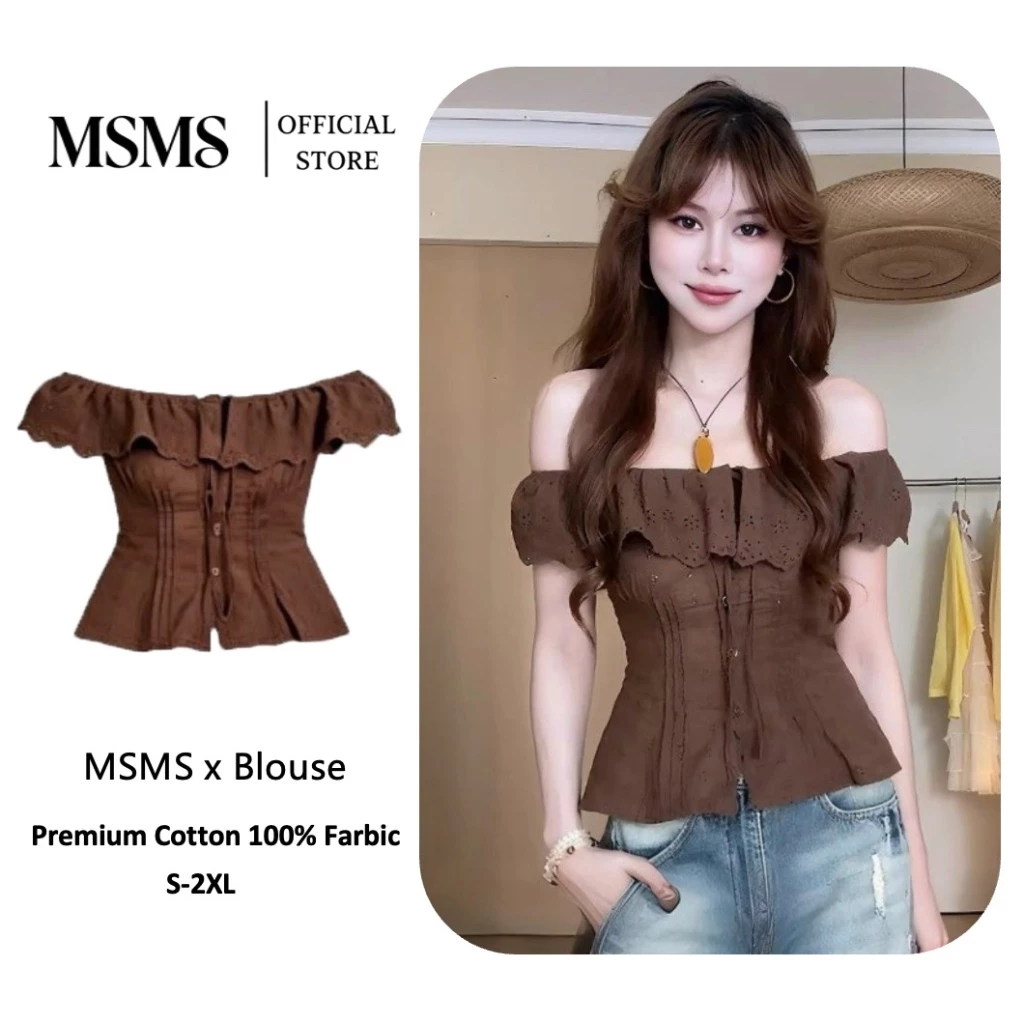 Eyelet Ruffle Blouse เสื้อเบลาส์ลูกไม้เจาะรูสีน้ำตาลผู้หญิง แขนปีกฟริลล์คอผูกโบว์ เอวย่นรัดทรงสัดส่วนดี สไตล์วินเทจคันทรี Size S-2XL