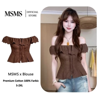 Eyelet Ruffle Blouse เสื้อเบลาส์ลูกไม้เจาะรูสีน้ำตาลผู้หญิง แขนปีกฟริลล์คอผูกโบว์ เอวย่นรัดทรงสัดส่วนดี สไตล์วินเทจคันทรี Size S-2XL