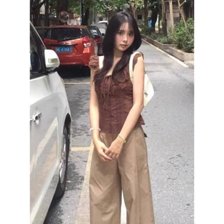Eyelet Ruffle Blouse เสื้อเบลาส์ลูกไม้เจาะรูสีน้ำตาลผู้หญิง แขนปีกฟริลล์คอผูกโบว์ เอวย่นรัดทรงสัดส่วนดี สไตล์วินเทจคันทรี Size S-2XL