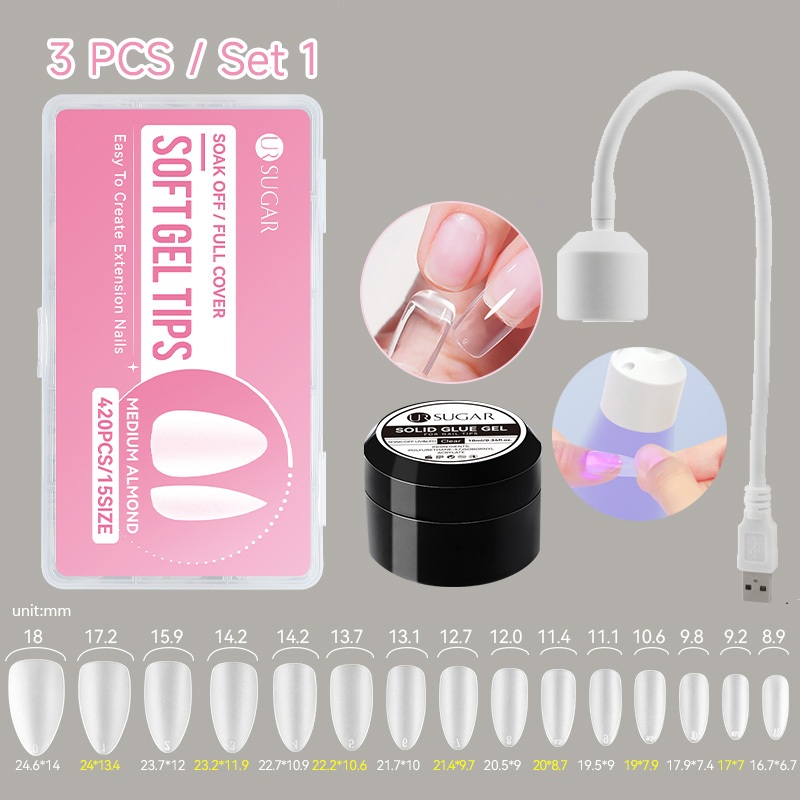 UR SUGAR 420pcs Soft Gel กาวเจล UV ชุดโคมไฟอัลมอนด์ เคลียร์ แมตต์ ครอบเต็ม กดติดเล็บปลอม พร้อมขยายชุดเครื่องมือทําเล็บ