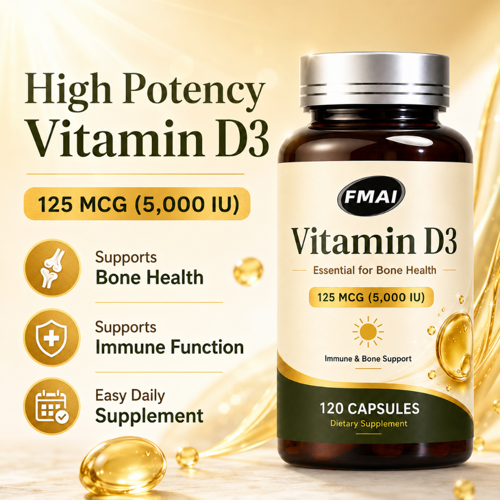 FMAI วิตามิน D3 5000iu (125 mcg) พร้อมฟังก์ชั่นกล้ามเนื้อเพื่อสุขภาพ รองรับภูมิคุ้มกัน ไม่ใช่จีเอ็มโอ ไม่ใช่กลูเตนในน้ํามันมะกอกสกัดเย็น