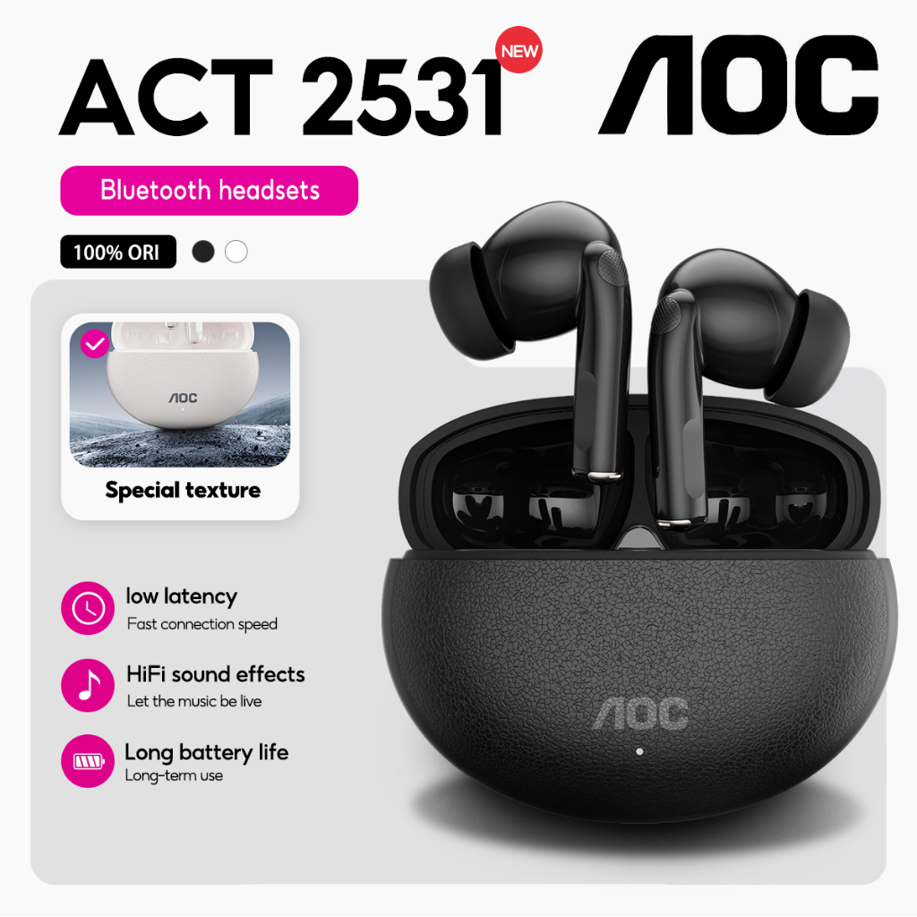 AOC ACT-2531 หูฟังอินเอียร์ไร้สายที่แท้จริงบลูทูธ 6.0 หูฟังไทเทเนียมเคลือบไดร์เวอร์ Panoramic Spatial Sound Ergonomic IP กันฝุ่นชุดหูฟังสําหรับเล่นเกมกันเหงื่อ