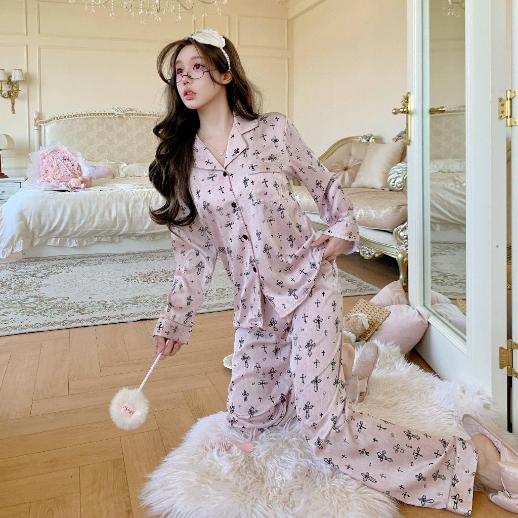 ชุดนอนสุภาพสตรี High-End ผ้าไหมสไตล์หรูหราแขนยาวพิมพ์ฤดูร้อนบาง Homewear