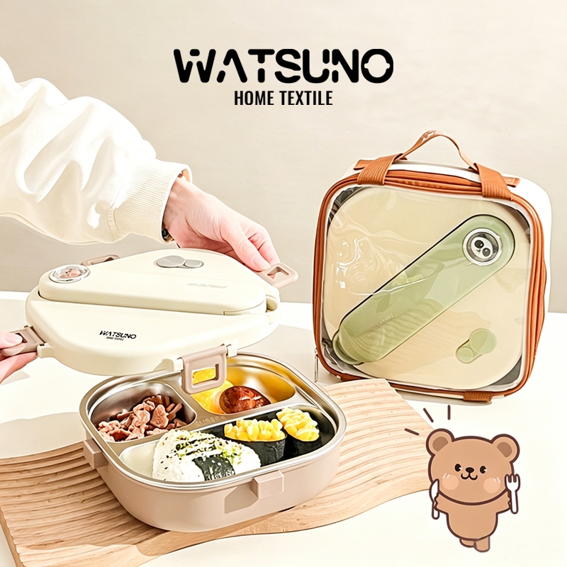 Watsuno.304 กล่องอาหารกลางวันสแตนเลส  ป้องกันการรั่ว, แบบพกพา, รวมช้อน, ตะเกียบ, และชามซุป เหมาะสําหรับนักเรียนและอา