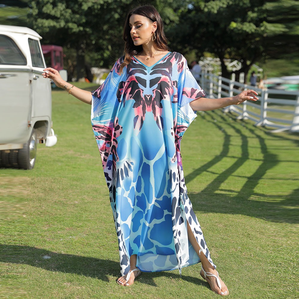 V คอบิกินี่ Cover Up ผู้หญิงพิมพ์ Beach Tunic Kaftan Oversize Holiday Dress Praia Mulher Cover Ups