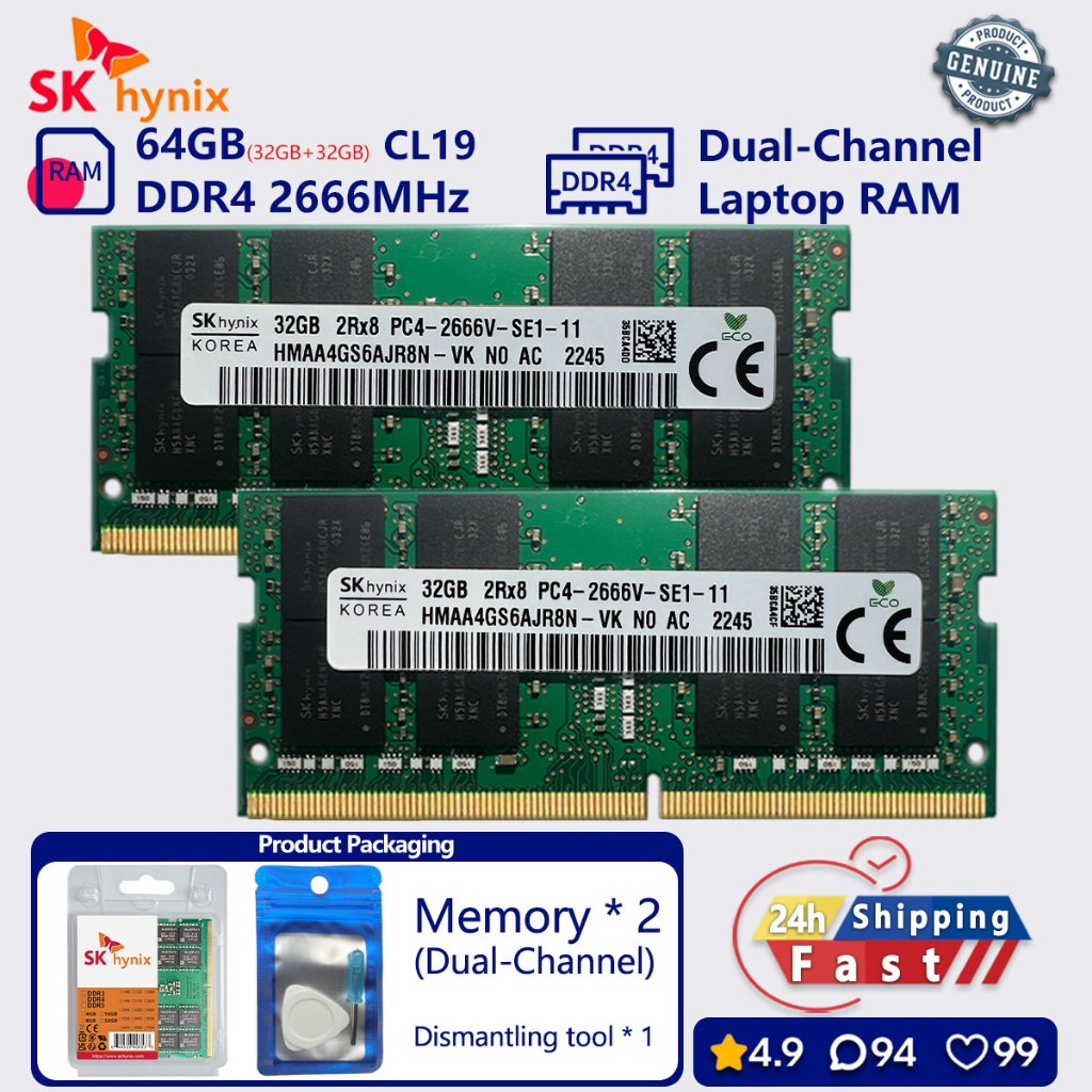 SK hynix 16GB 32GB 64GB DDR4 2666 mhz Dual Channel หน่วยความจําแล็ปท็อป SODIMM PC4 21300s RAM