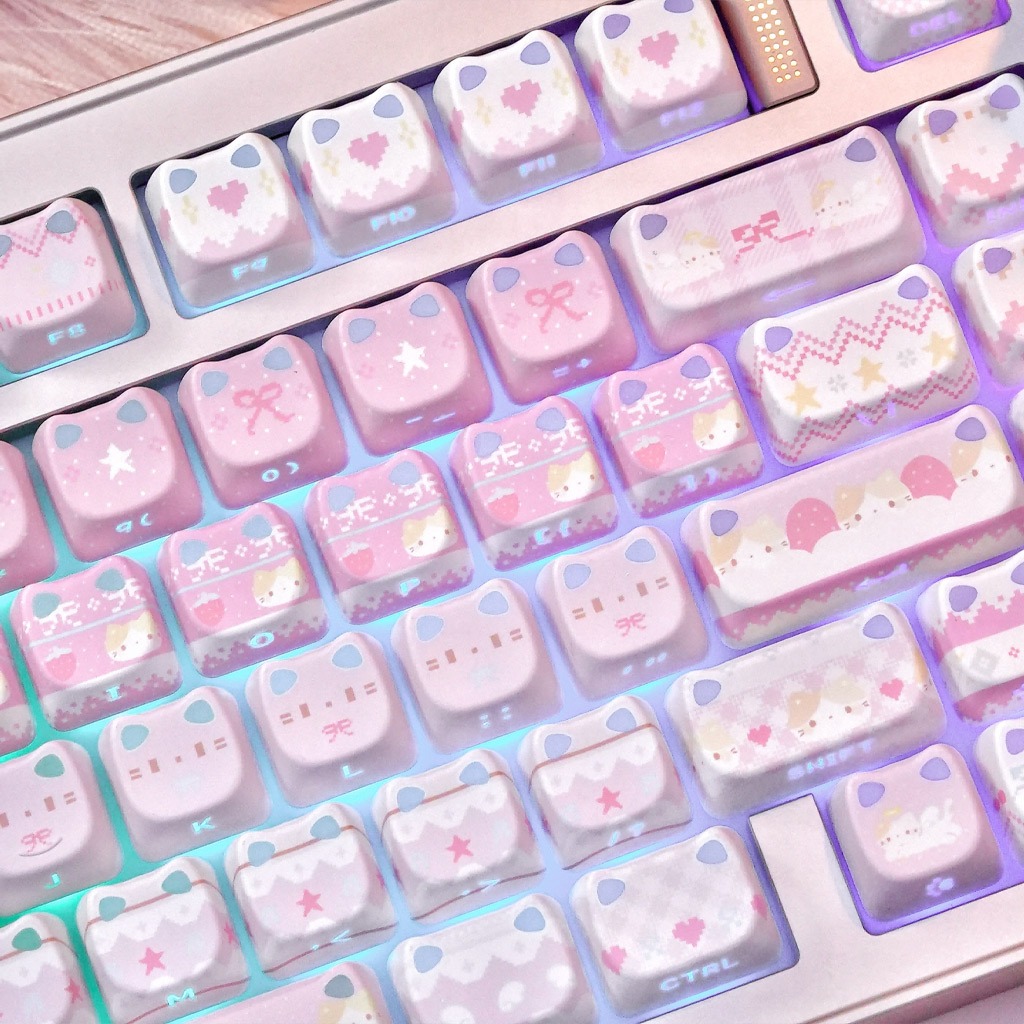 MAIMOOO Fair Isle Meow หัวแมว Keycap MAO โปรไฟล์ 100 คีย์ PBT แมวน่ารัก Keycap Dye Sublimation Mechanical สีชมพู Keycap พิมพ์ด้านข้างโปร่งแสงลูกแมว Keycap