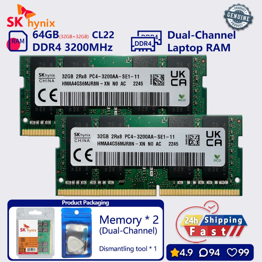 SK hynix 16GB 32GB 64GB DDR4 3200 mhz Dual Channel หน่วยความจําแล็ปท็อป SODIMM PC4 25600s RAM