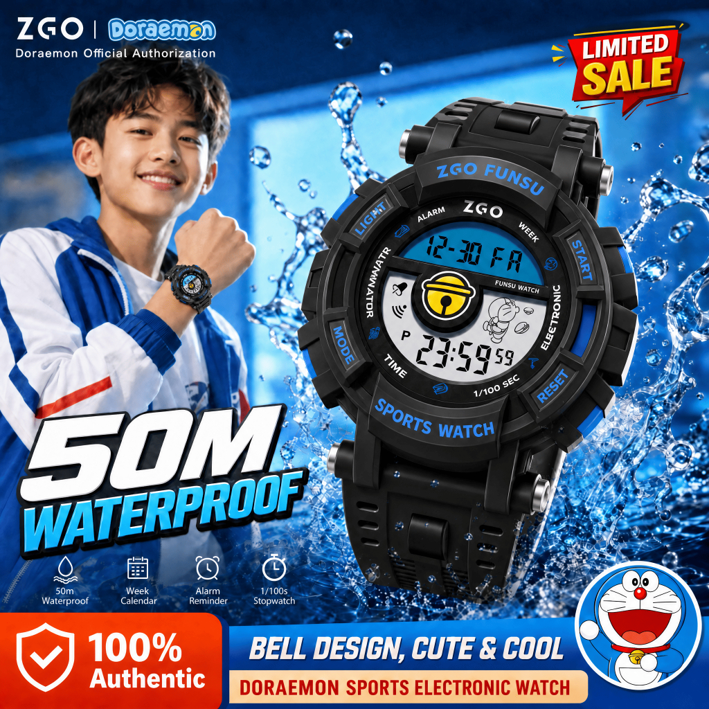 【ของแท้ 100%】ZGO x Doraemon นาฬิกาข้อมือดิจิตอลเด็ก กันน้ำ กันกระแทก ดีไซน์การ์ตูน เหมาะสำหรับเด็กผู้ชายใส่ 8905