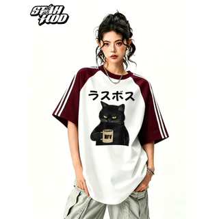 STAHOOD เสื้อยืดสามแถบชายหญิง oversize แขนสั้น สไตล์ลำลอง summer แมวการ์ตูนสไตล์ญี่ปุ่น คอตตอน100% คอกลม หลวมและระบายอากาศ #N+1184