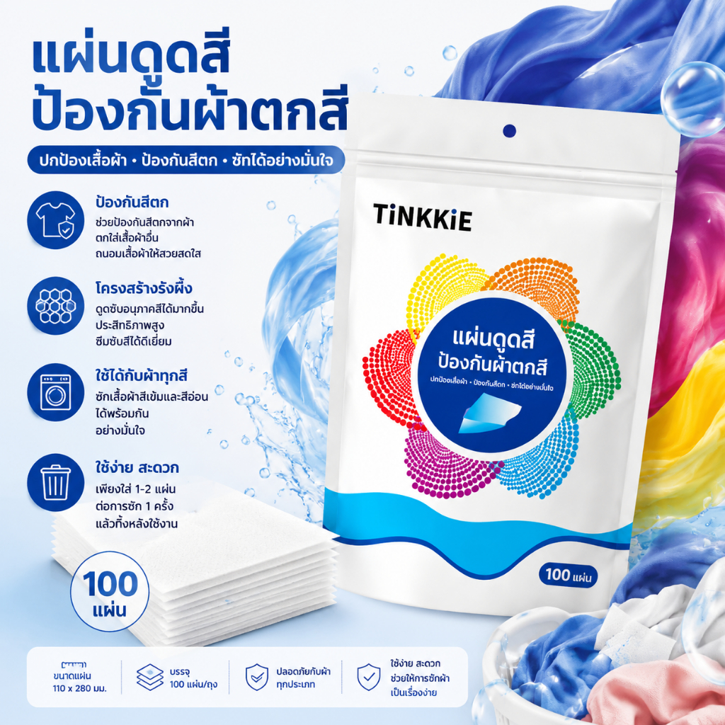 TiNKKiE แผ่นดักสีผ้า 100 แผ่น ซักผ้าสีและผ้าขาวพร้อมกัน กันสีตก ใช้ง่าย เพียงใส่ก่อนซัก