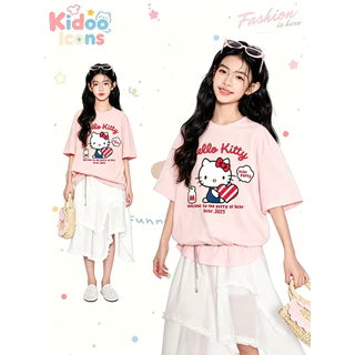 Kidoo Icons เสื้อยืดเด็กผู้หญิงฤดูร้อน คอกลม ทรงหลวมสบาย ลายการ์ตูน Hello Kitty เนื้อผ้านุ่มยืดหยุ่น ผ้าฝ้าย100% #A01+585