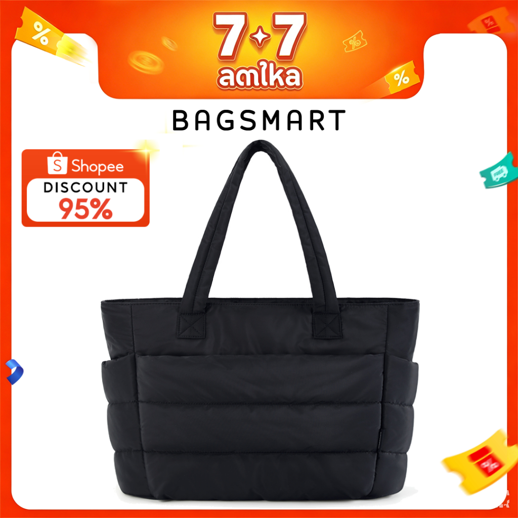 BAGSMART Tote Bag กระเป๋าถือสุภาพสตรี กระเป๋าสะพายไหล่ขนาดใหญ่ แพคเกจเมฆสีทึบ กระเป๋าสะพายไหล่เดี่ยวแบบควิลท์สำหรับงานท่องเที่ยว