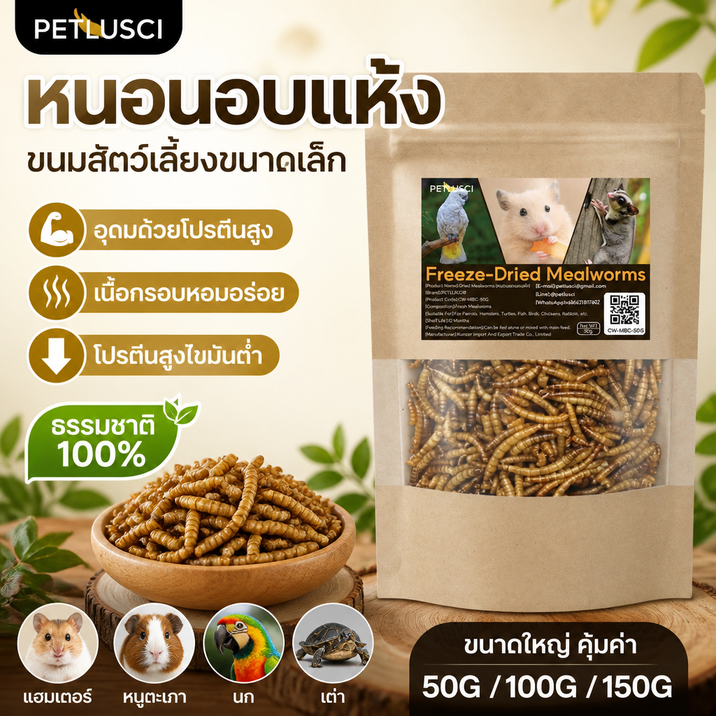PETLUSCI® หนอนอบแห้งสำหรับสัตว์เลี้ยง 50g โปรตีนสูง 100% สำหรับแฮมสเตอร์ เม่น กระรอก นก | Dried Mealworms