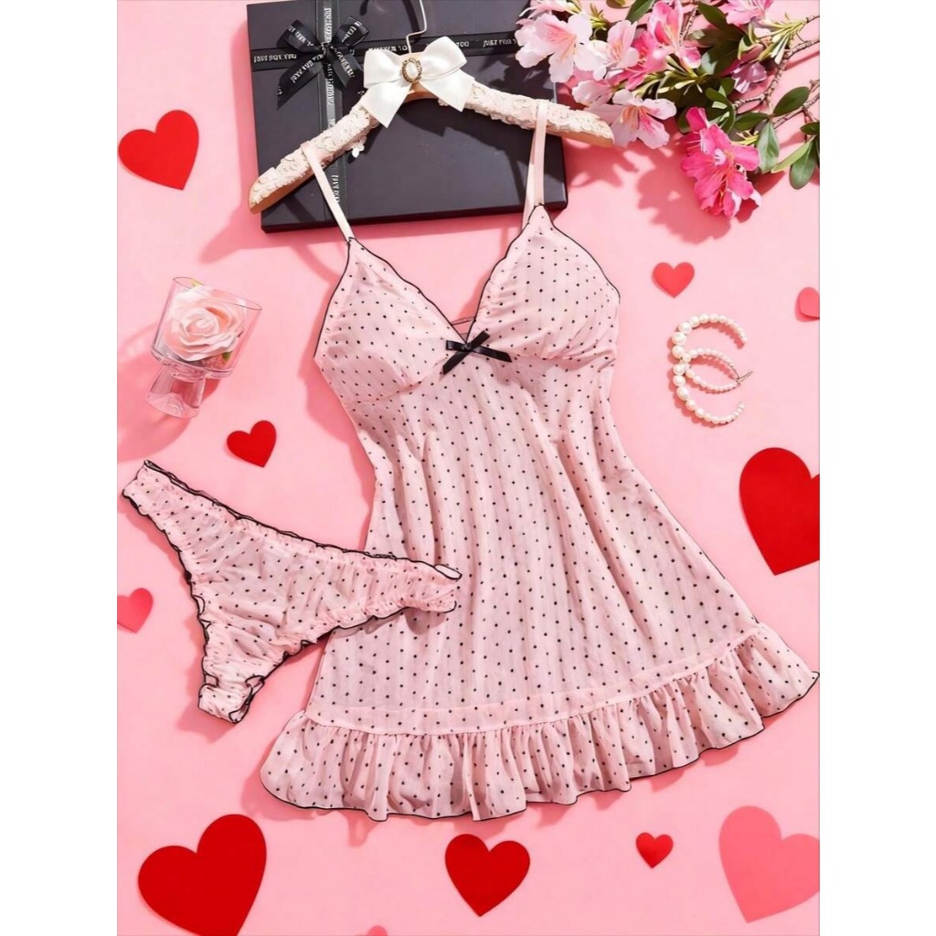 2 ชิ้นผู้หญิงเซ็กซี่ Polka Dot Sheer ตาข่าย Slip Chemise Nightgown ชุดการจับคู่กางเกง,สุภาพสตรีดูผ่านชุดชั้นใน Loungewear