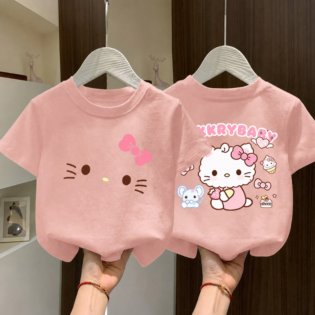 NASA เสื้อยืดเด็กแขนสั้น ผ้าฝ้าย 100% เสื้อเด็กผู้หญิง ลายการ์ตูน Hello Kitty ระบายอากาศดี เหมาะสำหรับเด็กอายุ 1-12 ปี