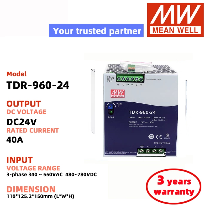 MEAN WELL TDR-960-24 DC24V 40A TDR-960-48 DC48V 20A 3 เฟส 340 ~ 550VAC Switching Power Supply Meanwe