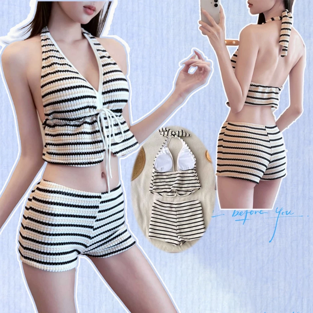 【M-L ชุดว่ายน้ำสาวอวบ/bikini】ชุดว่ายน้ำลายแยกลวดลายเซ็กซี่ ออกแบบคล้องคอกับกางเกงขาสั้นเอวสูง สไตล์วันหยุดประเทศไทย