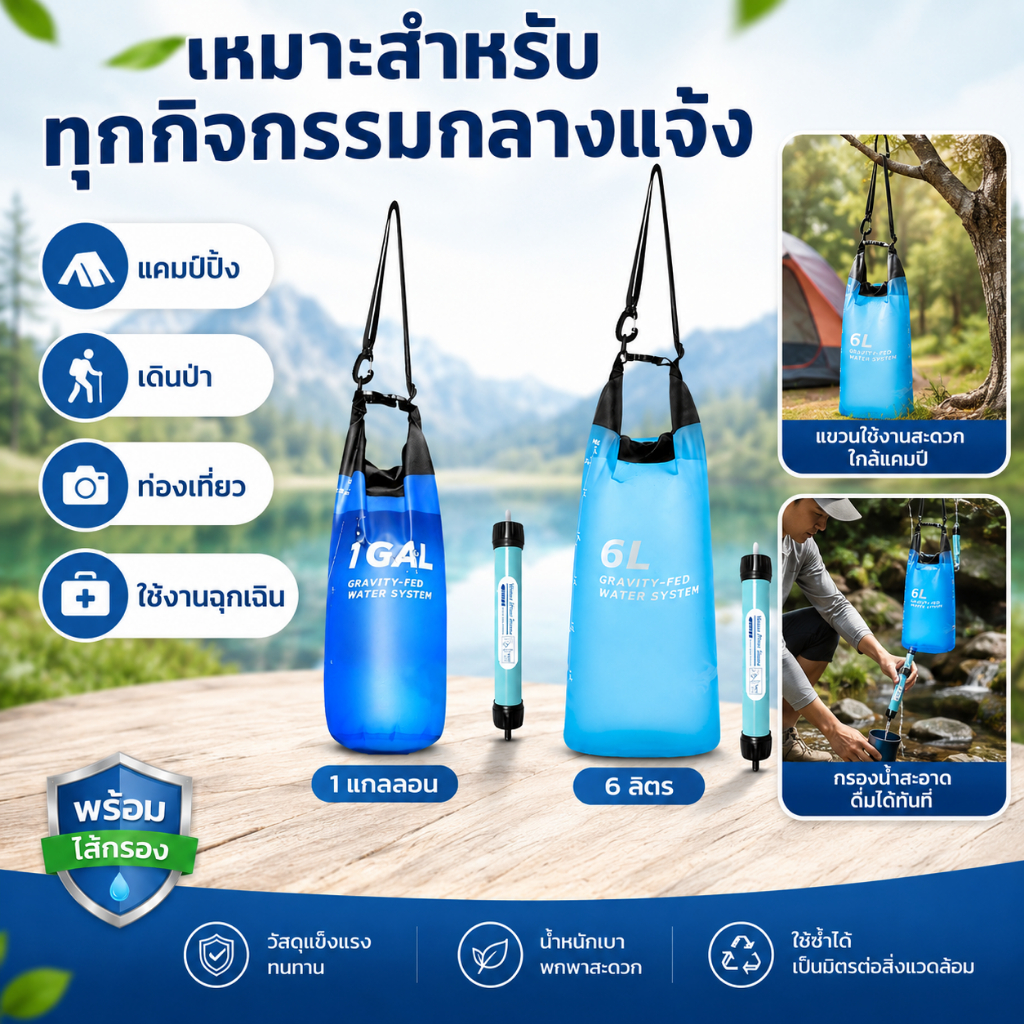 【9.9โปรโมชั่น】ถุงกรองน้ำพับได้วัสดุทีพียูขนาดใหญ่สำหรับวิ่ง เดินป่า และท่องเที่ยว