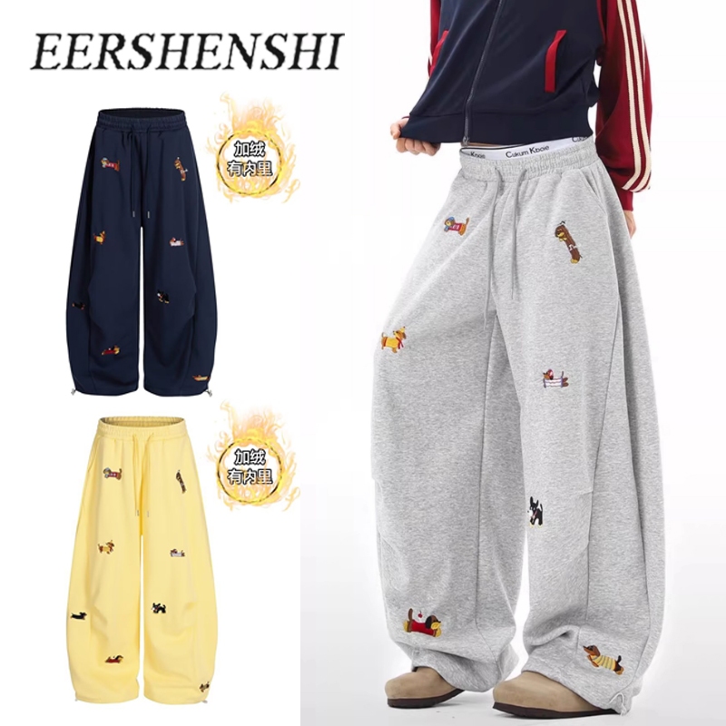 EERSHENSHI American Retro Puppy Paste Cloth เย็บปักถักร้อยขากว้างกํามะหยี่เบาะกางเกงลําลอง