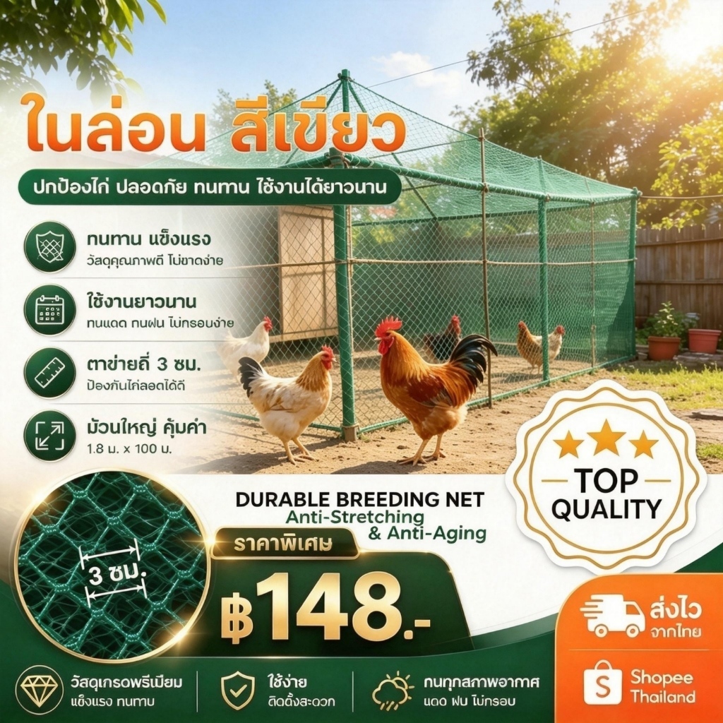 ตาข่ายไนลอนสีเขียว เลี้ยงไก่/กั้นสัตว์ แข็งแรง ตาถี่ 3 ซม. สูง 1.8 ม. ยาว 100 ม. ตาข่ายล้อมไก่ กันนก