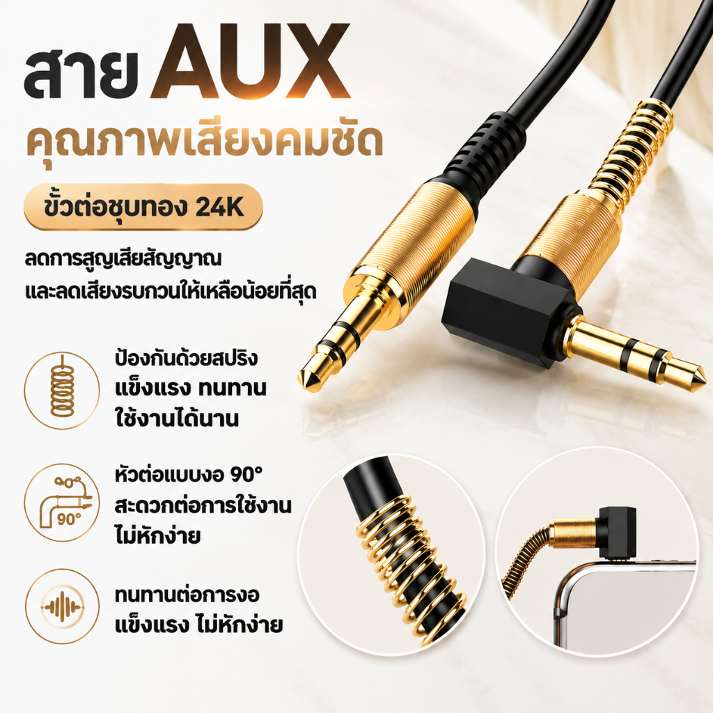 สาย AUX ในรถยนต์ สปริง 3.5mm หัวงอ สายต่อลำโพง ยืดหดได้ 1.5 เมตร AUX Cable สายต่อโทรศัพท์กับลำโพง หัว L สายต่อเครื่องเสียงรถยนต์ K329