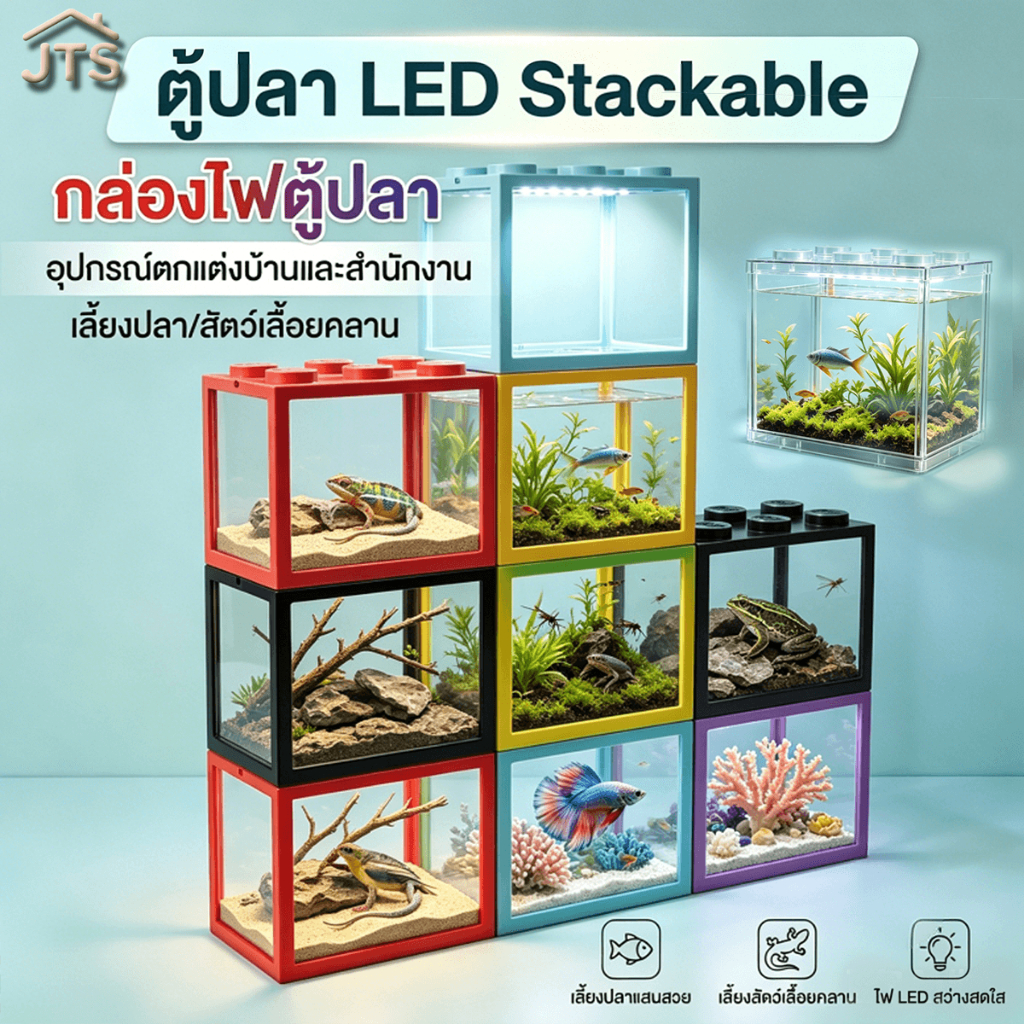 ตู้ปลาตั้งโต๊ะ LED Stackable ตู้ปลาจิ๋วตกแต่งบ้าน สําหรับเลี้ยงปลาและสัตว์เลื้อยคลาน