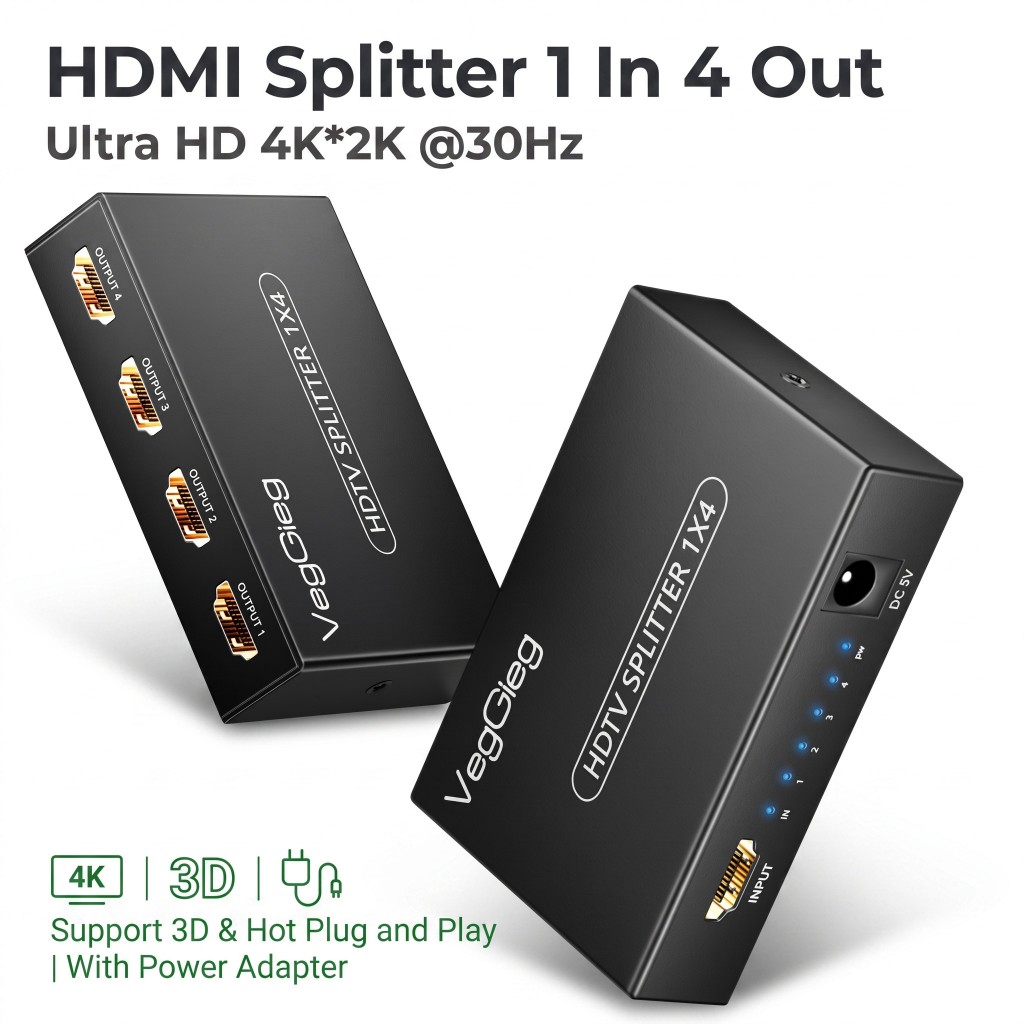 VegGieg 4K HDMI Splitter One In Four Out ระยะทางยาว 40 เมตร 7.1 เสียงรอบทิศทางการซิงโครไนซ์หลายหน้าจอ HD แยกหน้าจออุปกรณ์