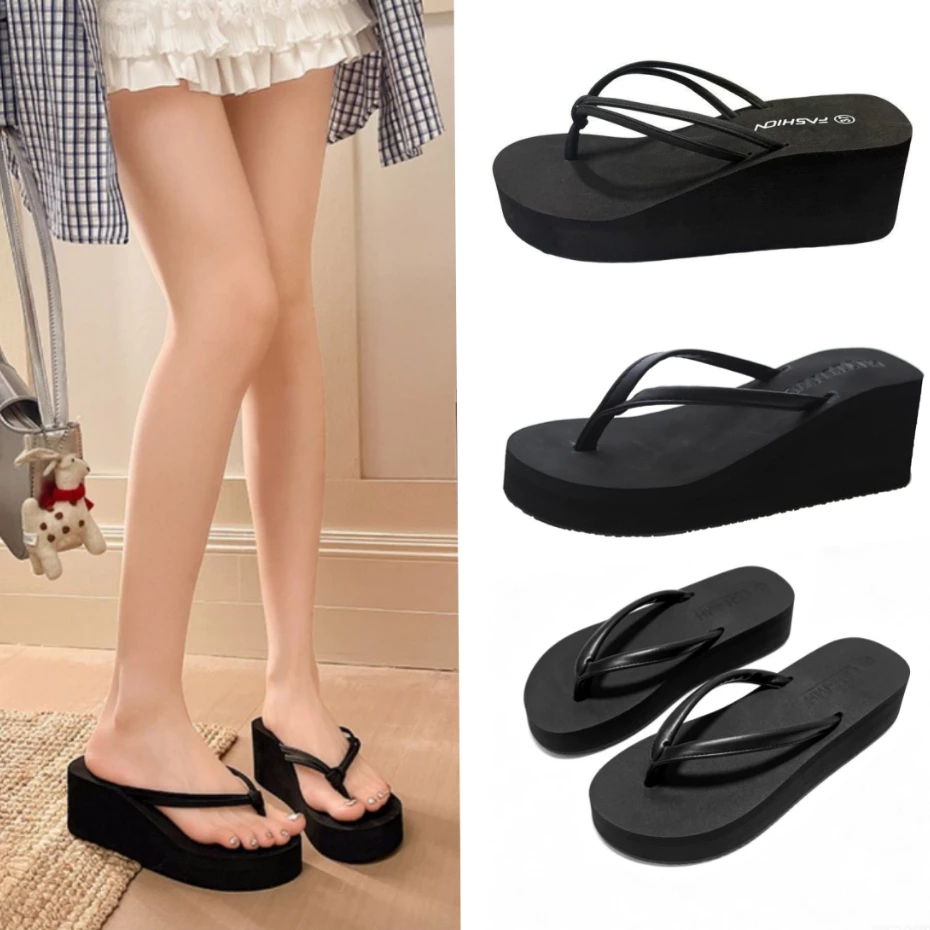 [ส่งจากไทย] 6.5 ซม.สุภาพสตรีรองเท้าส้นสูง ออกแบบกลางแจ้ง หนา Soled Wedge Heel Flip‑Flops Casual Platform Flip‑Flops รองเท้าส้นสูง (ขนาด 36‑40)