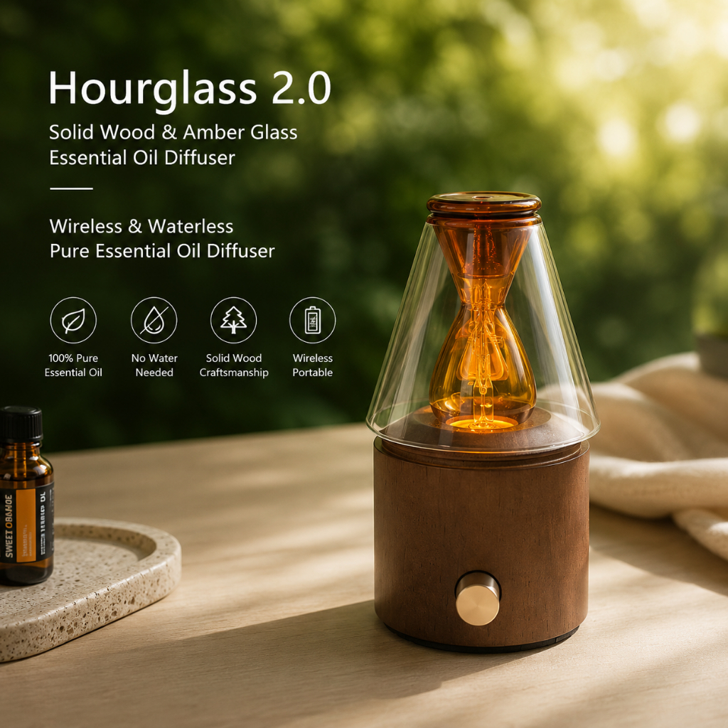 Wayisell นาฬิกาทราย 2.0 Waterless & Wireless Essential Oil Aroma Diffuser,Solid Wood + Amber Glass Nebulizer,3 โหมดหมอกจับเวลาอัจฉริยะ,กลิ่นหอมสําหรับบ้าน,สํานักงาน,Spa,ของขวัญ