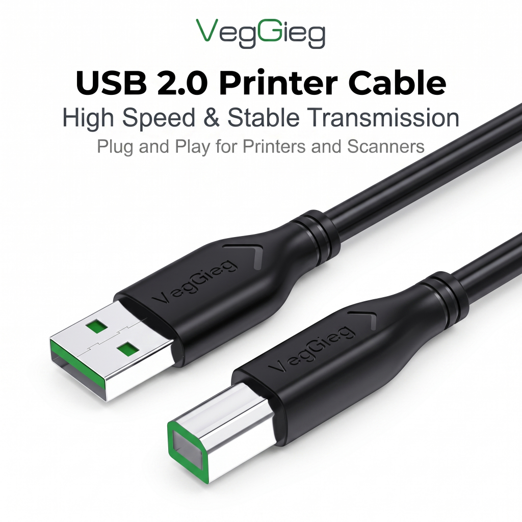 Vegieg USB2.0/3.0 สายเคเบิลข้อมูลเครื่องพิมพ์พอร์ตสแควร์สายเชื่อมต่อสากลการเชื่อมต่อคอมพิวเตอร์ HP Canon Epson สายเครื่องพิมพ์ 1.5 M/3 M/5 M/10 M