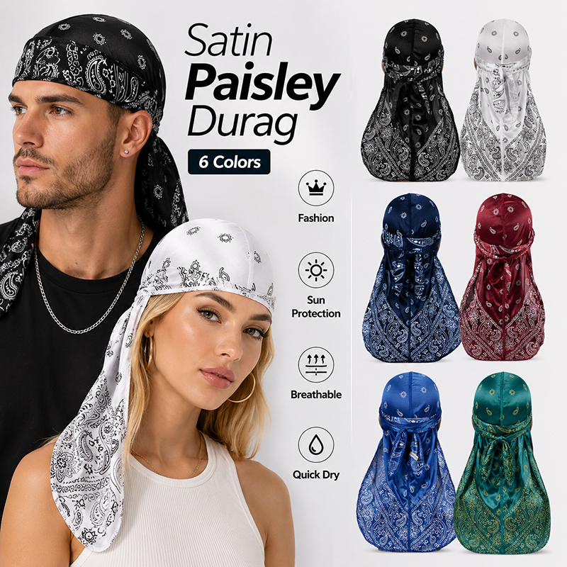 Tyanda หมวกโจรสลัดลายเพสลีย์ ผ้าซาตินแฟชั่น Durag สำหรับโพกศีรษะ เหมาะสำหรับผู้ชายและผู้หญิง