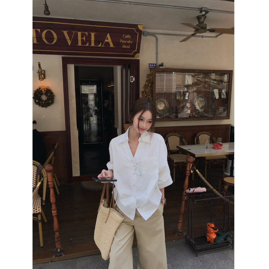 TINRRY Niche Shirt Top White Old Money Style เสื้อเชิ้ตแขนยาวผู้หญิง