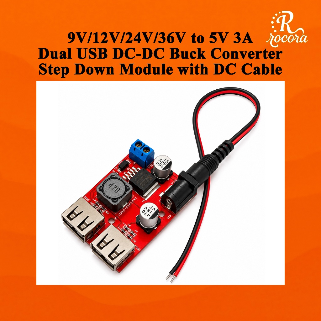 9 V/12 V/24 V/36 V ถึง 5 V 3A Dual USB DC-DC Buck Converter ขั้นตอนลงโมดูล 5.5x2.1 มม.DC ชายปลั๊กสาย
