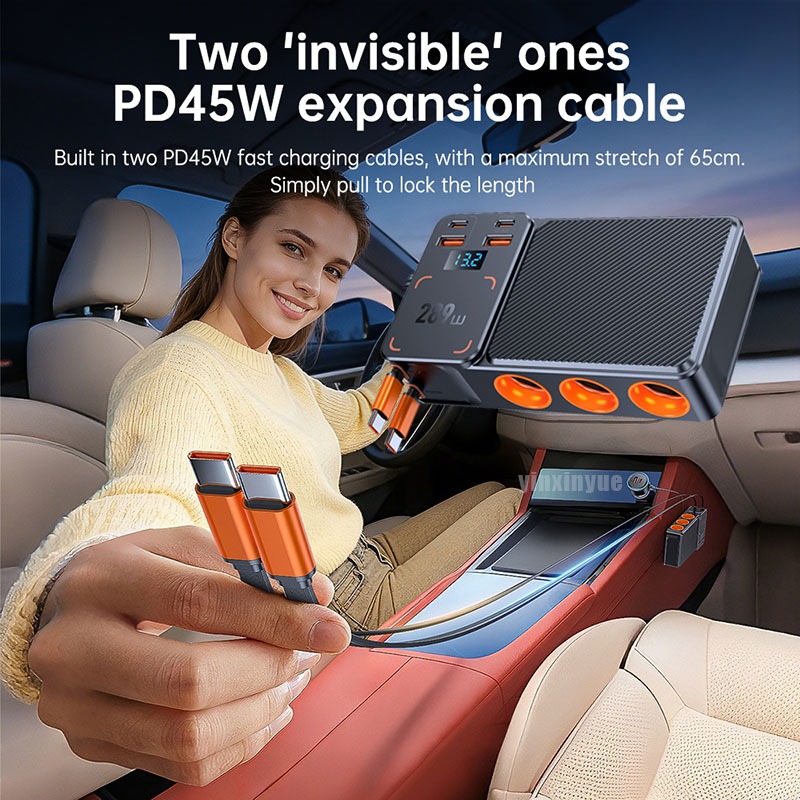 ที่ชาร์จในรถ 289W ชาร์จเร็ว PD USB-C 4พอร์ต พร้อมสายดึงได้ Car Fast Charger 2026 NEW