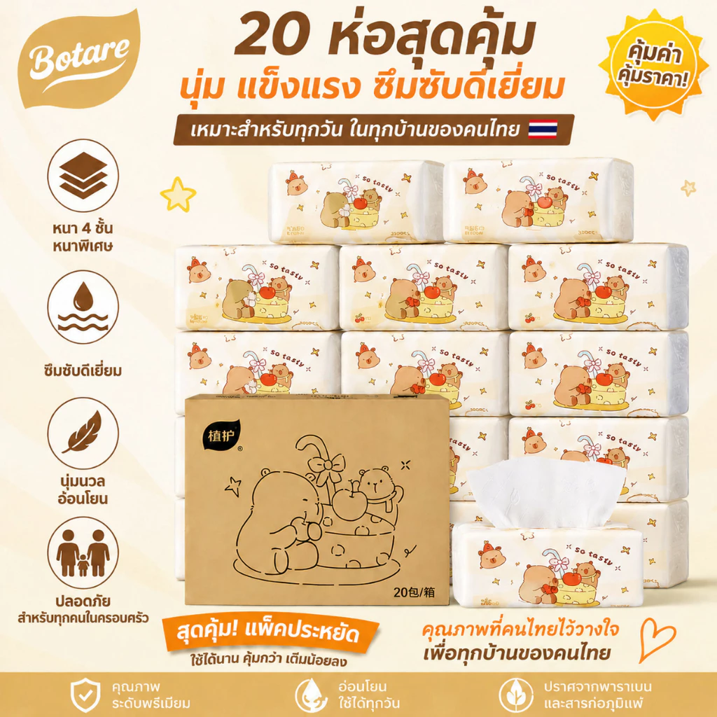 โยนทิ้งไป เบาะเนื้อเยื่อปลอดภัยสําหรับผิวบอบบาง4ชั้นแข็งแรงนุ่มไม่มีผ้าสําลีไม่มีระคายเคือง80แผ่น20แพ็คกรณี