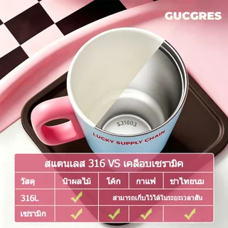 GUCGRES (720ml/24oz) ถ้วยเก็บความเย็นสแตนเลสสไตล์ Dopamine เคลือบเซรามิกถ้วยน้ําความจุขนาดใหญ่ทั้งเก็บฟังก์ชั่นที่อบอุ่นและเย็นพร้อมที่จับและหลอด