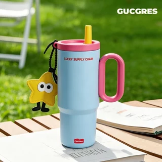 GUCGRES (720ml/24oz) ถ้วยเก็บความเย็นสแตนเลสสไตล์ Dopamine เคลือบเซรามิกถ้วยน้ําความจุขนาดใหญ่ทั้งเก็บฟังก์ชั่นที่อบอุ่นและเย็นพร้อมที่จับและหลอด