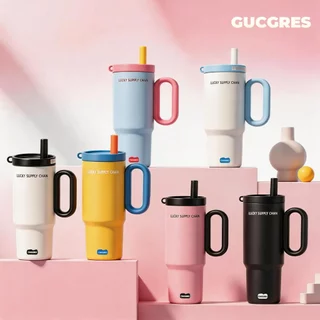 GUCGRES (720ml/24oz) ถ้วยเก็บความเย็นสแตนเลสสไตล์ Dopamine เคลือบเซรามิกถ้วยน้ําความจุขนาดใหญ่ทั้งเก็บฟังก์ชั่นที่อบอุ่นและเย็นพร้อมที่จับและหลอด