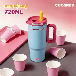 GUCGRES (720ml/24oz) ถ้วยเก็บความเย็นสแตนเลสสไตล์ Dopamine เคลือบเซรามิกถ้วยน้ําความจุขนาดใหญ่ทั้งเก็บฟังก์ชั่นที่อบอุ่นและเย็นพร้อมที่จับและหลอด