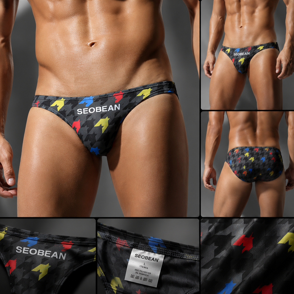 กางเกงชั้นในสามเหลี่ยมผู้ชาย SEOBEAN - ลายเรขาคณิต Low-Rise U-Pouch Design
