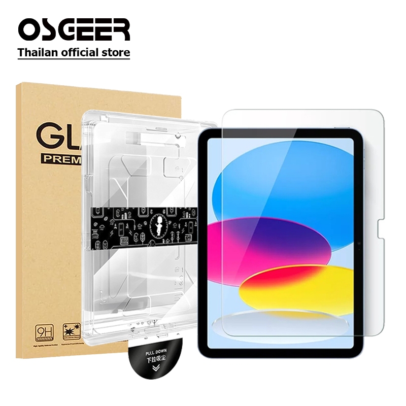 OSGEER ป้องกันหน้าจอสําหรับ iPad Air 8 7 6 5 4 3 11 13 นิ้ว M3/M2 Gen 12/11/10/9/8/7/6/5 A16 Pro 11/13 M4 M5, กระจกนิรภัยฟิล์มพร้อมถาดอัตโนมัติ, ความละเอียดสูงเคลียร์
