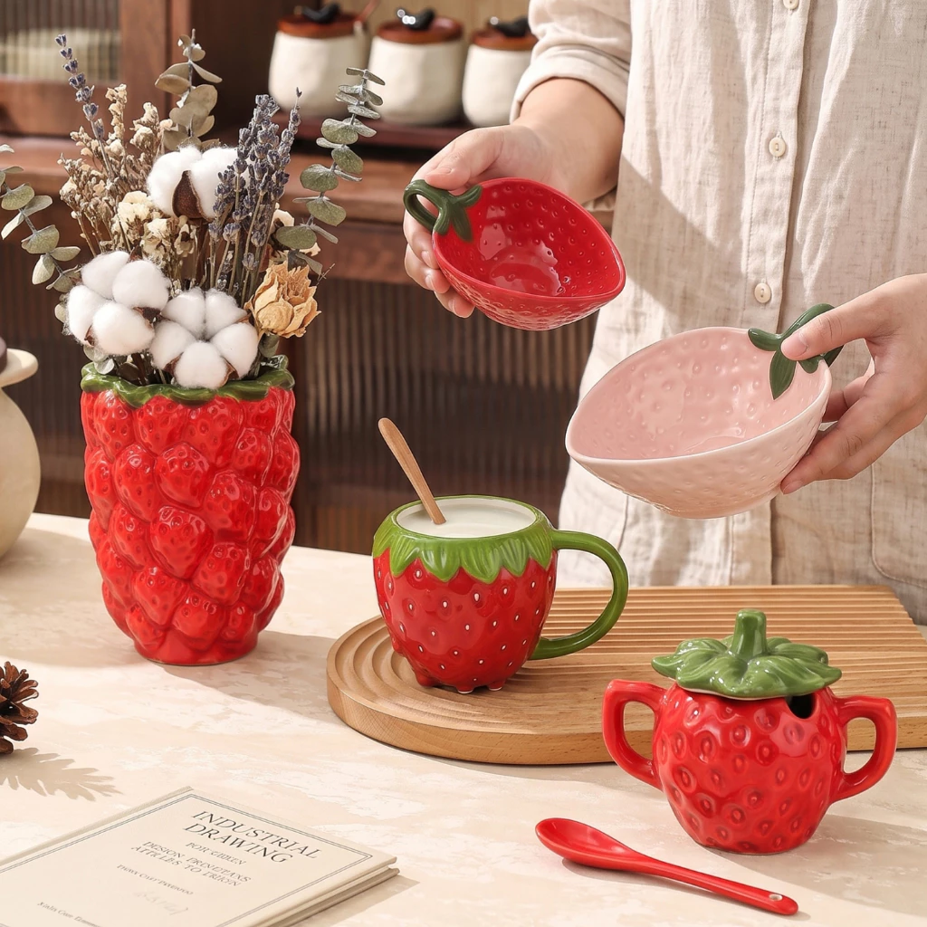 HongDian ซีรีส์สตรอว์เบอร์รีเซรามิก strawberry tableware เลือกแก้วมีฝา 440ml bowl 5/8 นิ้ว โถปรุงรส แจกัน/ที่ใส่ของ ผิวลายนูนผลไม้ สีแดงชมพู เซรามิกพรีเมียม สีใต้เคลือบไม่ซีด ใช้เครื่องล้างจาน ตู้อบฆ่าเชื้อ เหมาะชา กาแฟ ขนม ผลไม้ แต่งครัว ของขวัญ