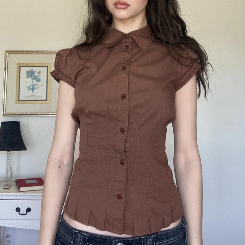เสื้อเชิ้ตแขนฟองสุภาพสตรี สไตล์เกาหลี ทรงสลิมฟิต ท็อปส์ซูสีทึบ