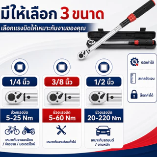 ประแจปอนด์ประเภทตั้งค่าล่วงหน้า ด้ามขัน 1/4, 3/8, 1/2 นิ้ว 72 ฟัน มีความแม่นยำ ±3% ใช้งานระดับอุตสาหกรรม