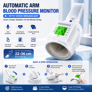 Automatic Upper Arm Blood Pressure Monitor with Voice Report, Large Display, Inner Comfort Cuff, Heart Rate & Irregular Heartbeat Detection – Home Use for Elderly & Family