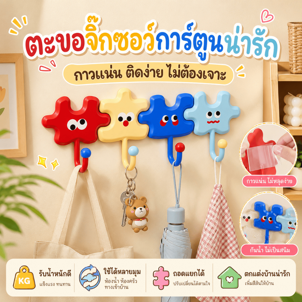【Love Haven】ตะขอกุญแจประตูทางเข้า โดปามีน สไตล์ปริศนาวางที่แข็งแกร่งไม่มีการเจาะเหมาะสําหรับวัสดุห้องน้ําห้องครัวคุ้มค่า
