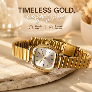 NAIDU Sunlit Gold Petite Square Watch | Skin-Brightening Minimalist + Adjustable Steel Strap - Effortless Elegance
