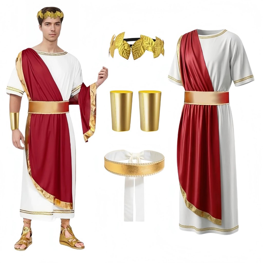 ฮาโลวีนโรมันเอ็มไพร์ผู้ชายโบราณกรีกสีแดงKing Togaผู้ใหญ่Retro Goldคอสเพลย์เครื่องแต่งกายยาวRobe Carnival Themeพรรคชุดแฟนซีชุด